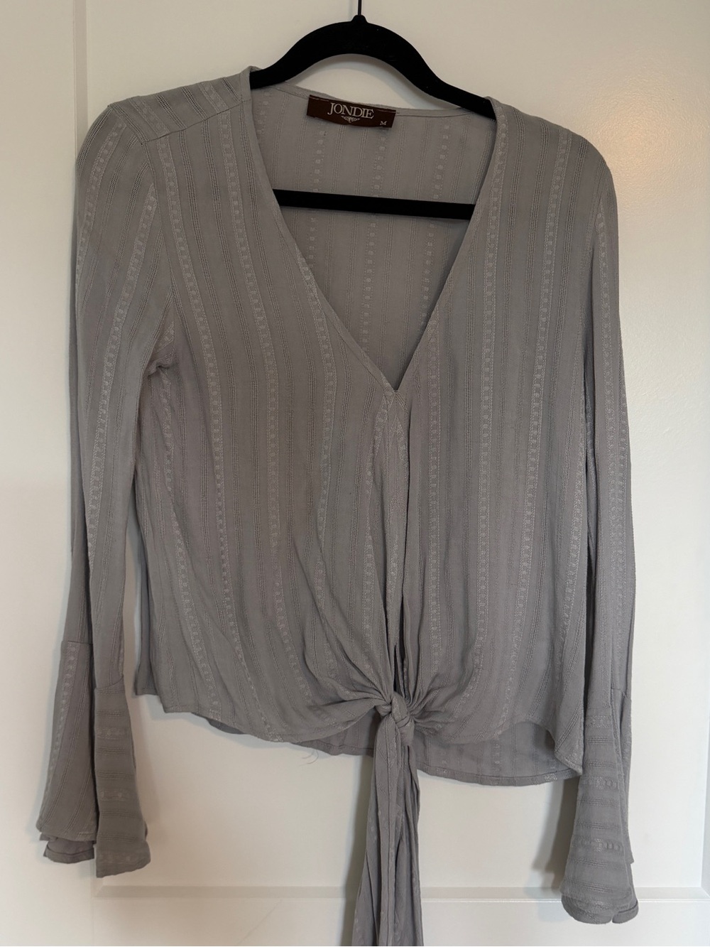 Gray Tie-Front V-Neck Blouse with Bell Sleeves Size M